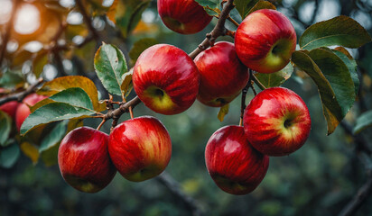 Obraz premium Red Apples Hanging on a Tree Branch in Autumn Orchard