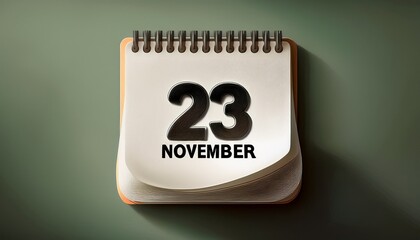 Illustration of paper calendar with date 23 November. Day and month for birthday, anniversary or appointment