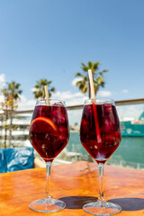 Refreshing summer drinks Tinto in elegant glasses with ice and citrus garnishes, set against a vibrant outdoor backdrop of palm trees and blue sky