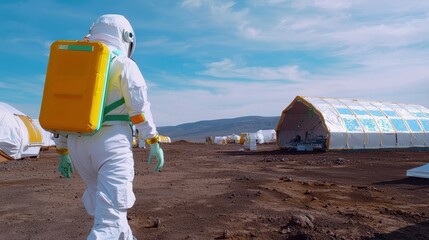 Astronaut Exploring Mars-like Landscape with Habitat Structures under a Clear Blue Sky