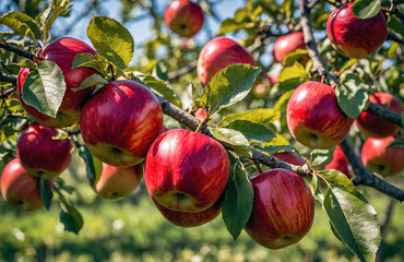 Ripe Red Apples Hanging on Tree Branch in Bright Sunshine