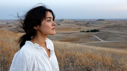 Woman gazes into distance on golden, grassy hills under a serene, soft light sky