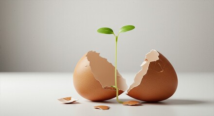Sprout growing from cracked eggshell on white background