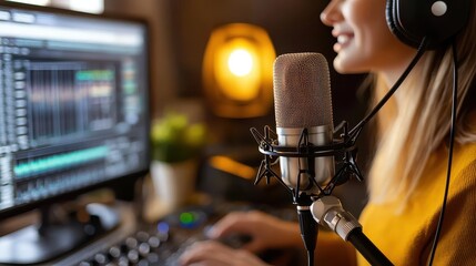 Focused Content Creator Recording Podcast with Microphone and Computer in Cozy Home Studio Setting