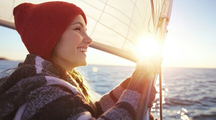 Young woman enjoying sailing on a boat under the sunset with a bright smile and warm clothing