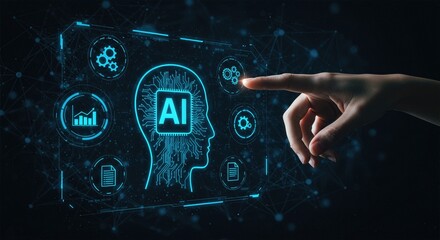 Futuristic AI interface with glowing icons and hand interaction
