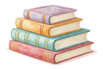 Stack of books, watercolor clipart on white background.