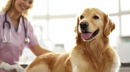 Happy Golden Retriever at Veterinary Clinic with Caring Veterinarian in Background During Check-Up