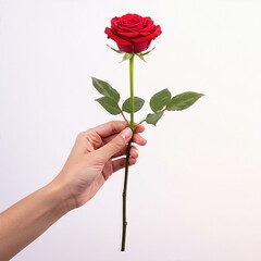 A person’s hand holding a single red rose with green leaves, isolated on a clean white background.