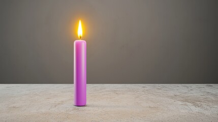 Single Purple Candle with Flickering Flame on Textured Surface Against Neutral Background
