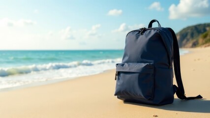 black backpack lies on the beach by the sea