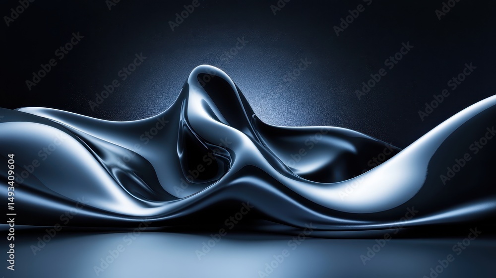 Poster fluid silver colored liquid flowing smoothly on a black background creating a striking monochrome vi