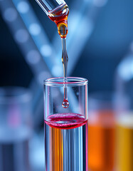 Carefully adding chemical reagent to a liquid sample in a glass test tube, detailed closeup. Scientific research experiment in progress., digital art. with white shades