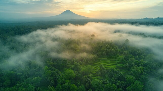 Misty Sunrise Over Lush Rainforest
