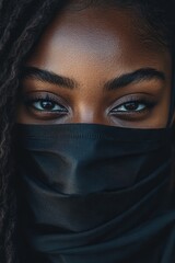 Naklejka premium Portrait of a Black Woman Donning a Protective Mask for Health Safety and Flu Prevention