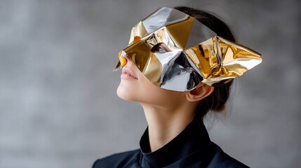 Woman in gold and silver geometric mask, looking up, soft focus