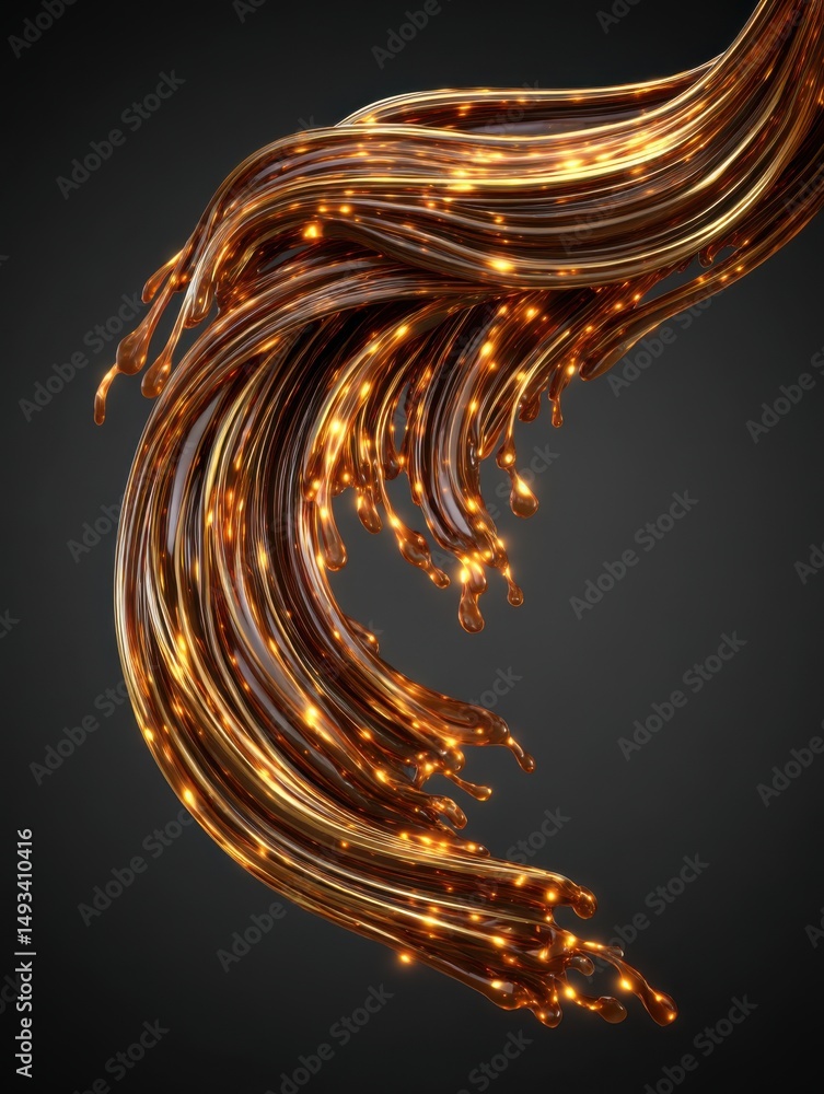 Poster dynamic flow of liquid gold with sparkling lights abstract design on dark background studio shot