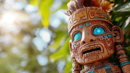 Ancient Aztec Sculpture with Glowing Eyes Surrounded by Lush Greenery for Nature and Culture Themes