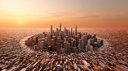 Aerial View of a Futuristic Cityscape at Sunset with Dramatic Skyscrapers and Vibrant Atmosphere