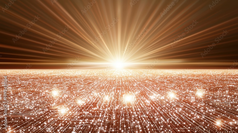 Poster bright rays of light emerging from the horizon creating a surreal and vibrant abstract background