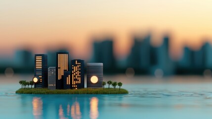 Miniature cityscape model on water at sunset with glowing buildings and green palm trees in the foreground