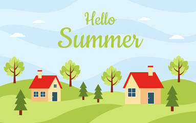Fototapeta premium Summer landscape. Summer scenery with village. Background with summer season.