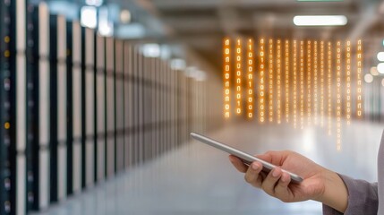 Hand Holding Smartphone with Binary Code Overlay in Modern Data Center Environment
