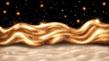 Shimmering Gold Waves Over Soft Beige Surface with Sparkling Stars in a Dark Background
