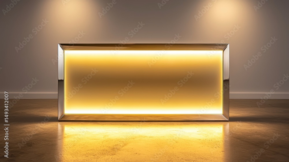 Poster modern minimalist display table with soft yellow backlight and polished surface in contemporary inte