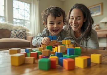 Happy toddler and mother play with colorful wooden blocks