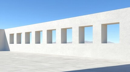 Minimalist White Wall with Square Windows Against Clear Blue Sky and Bright Sunlight in Outdoor Setting