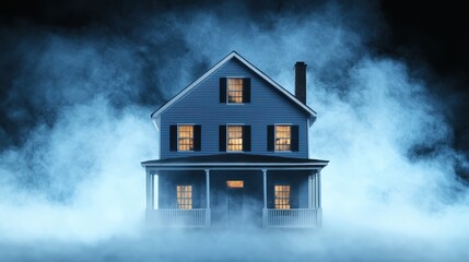 Mysterious House in Foggy Atmosphere with Lit Windows and Dark Background at Night
