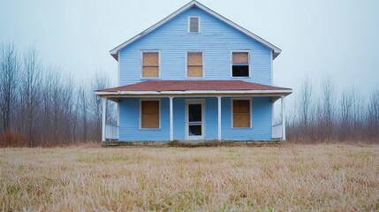 Abandoned Blue House Amidst Overgrown Grass and Leafless Trees in a Foggy Atmosphere