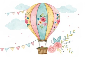 Retro vintage air balloon, watercolor clipart on white background