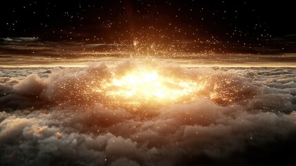 Explosive Eruption of Light Above the Clouds at Dusk with Shimmering Particles and Dramatic Sky Colors