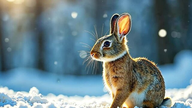 A small fluffy rabbit looks around fearfully in a winter forest, surrounded by snow on a warm sunny day