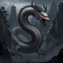 Obraz premium Powerful angry Japanese dragon art for printing and decoration and other crate. objects, valley, concept, concept strong, long, tail, long tail, novel, snake, black, castle, hill, palivion, strong . 