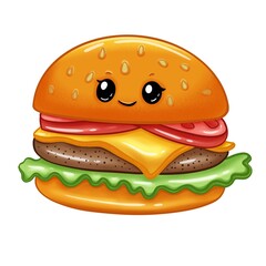 Cute smiling cartoon burger with cheese, lettuce, and tomato on white background