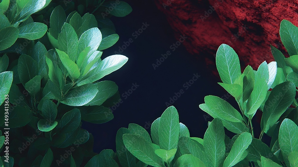 Aufkleber lush green leaves frame a dark and mysterious background. this image hints at nature and tranquility