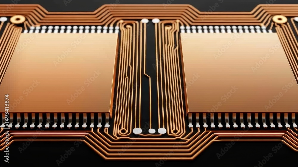 Poster close-up view of a modern microchip with intricate circuit patterns and copper connections