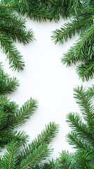 Obraz premium Lush green pine branches frame a clean, white background, perfect for seasonal themes and holiday decorations, adding a natural touch to festive designs.