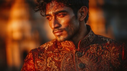 Obraz premium Portrait of a South Indian Man in Traditional Attire Against a Warm Sunset Background with Glittering Details