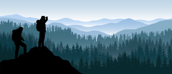 Beautiful vector realistic panoramic landscape with silhouettes of blue forested mountains and two hikers looking at view. 