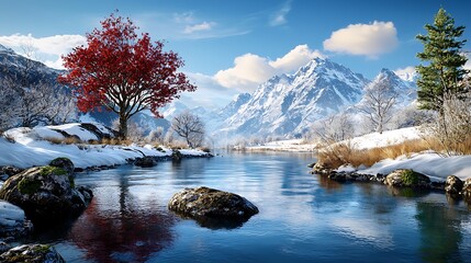 Obraz premium there is a red tree that is in the middle of a river