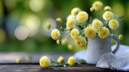 Yellow pompom flowers in rustic vase, sunlight streaming, blurred green backdrop