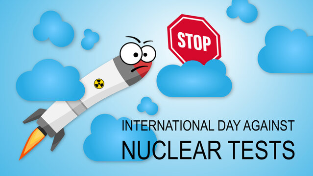 International Day Against Nuclear Tests vector art. Cartoon-style nuclear missile with a confused face stopped by a red stop sign in the sky, symbolizing a message against nuclear testing.