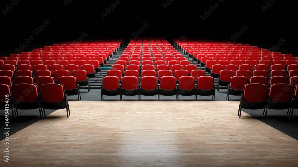 Aufkleber red chairs row in empty theater with stage and black background for performance or presentation sett