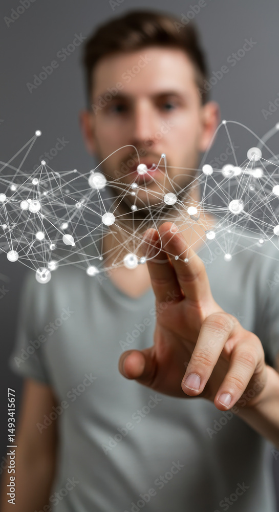 Poster connecting the future: man interacting with digital network interface | innovation, technology, and 