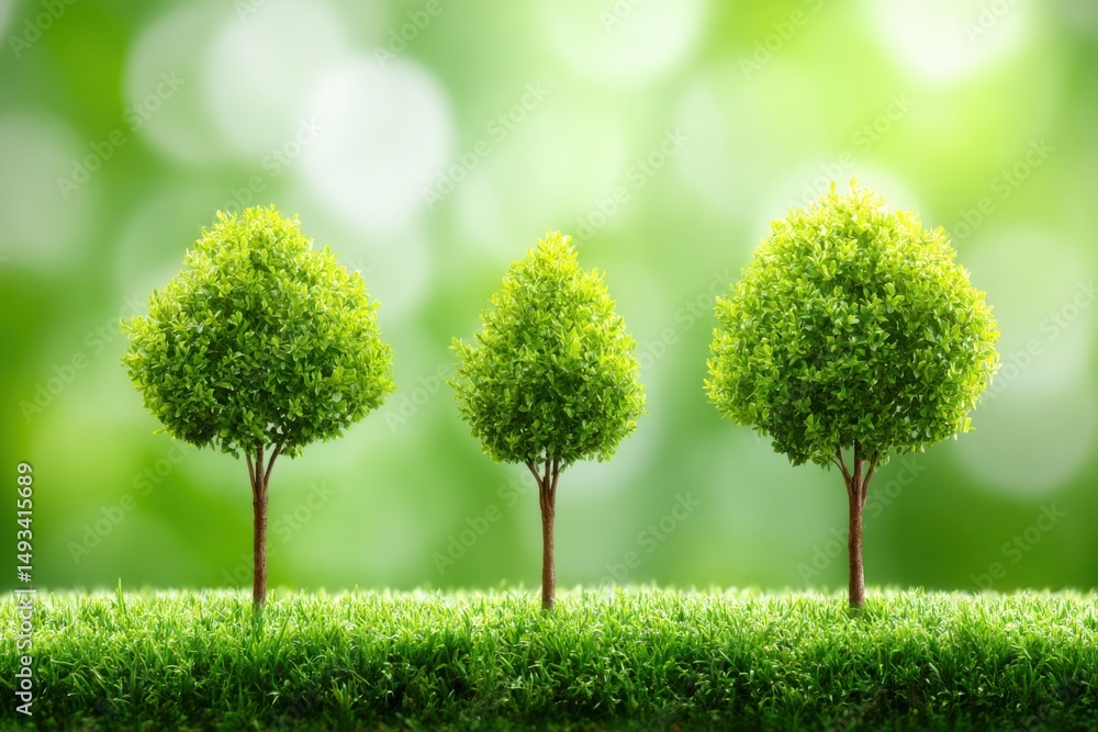 Poster three small trees stand in a row on a bright green lawn in a conceptual nature scene with bokeh back