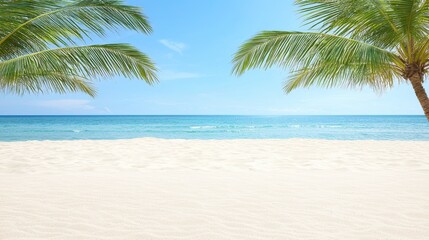 Obraz premium Tranquil Beach Scene with Palm Trees and Clear Blue Sky Over Crystal Clear Ocean Water